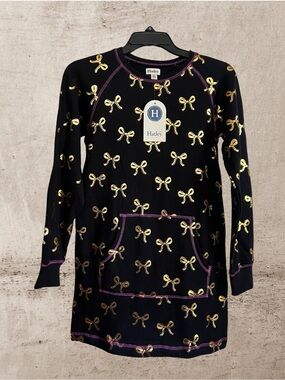 Hatley Black Sweatshirt Dress with Gold Bow Accents and Purple Trim 100% Cotton